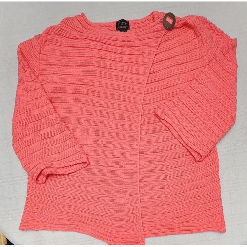 Pure Handknit Pink Orange Flowy Waterfall Front Loose Knit Sweater XL